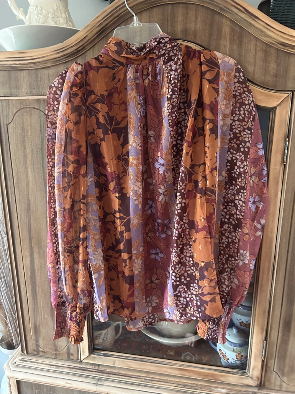 Floral Long-Sleeve Blouse in Rust and Mauve